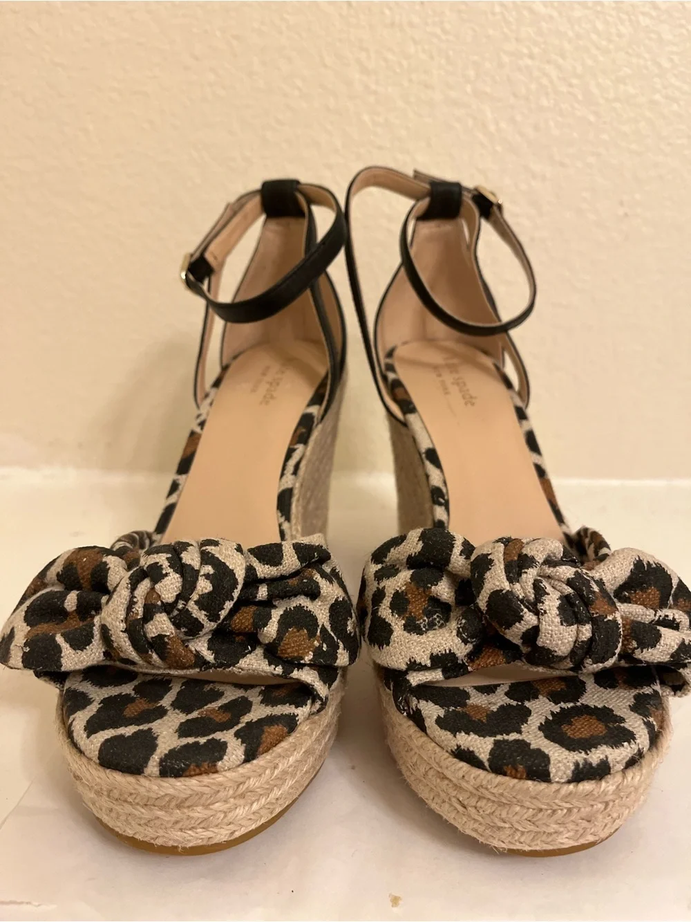 kate spade Leopard Print Wedge Sandals - Black, Brown, Cream - Size 8.5